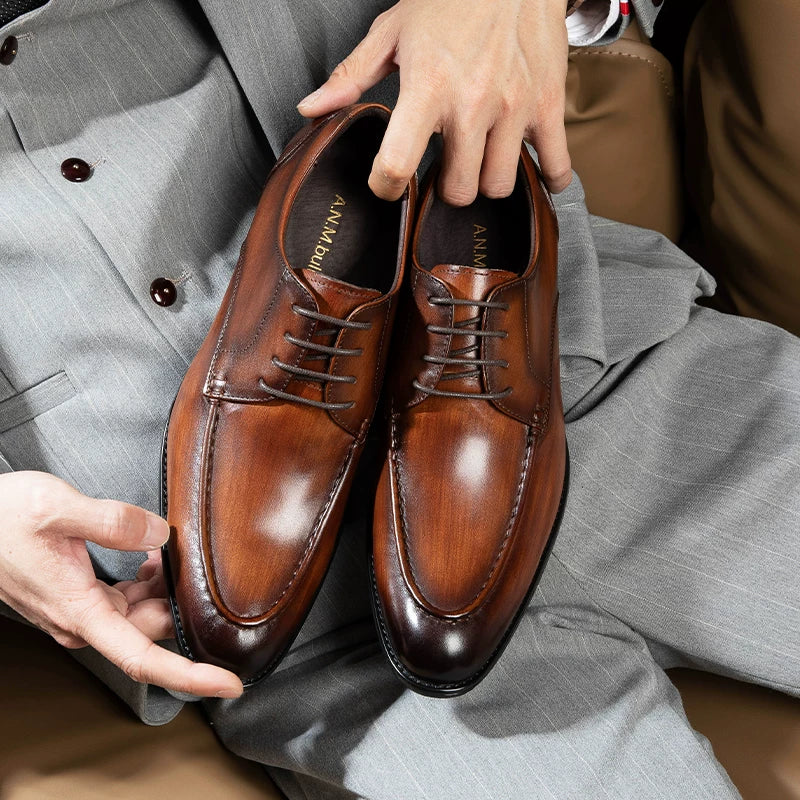 Men's Brown Genuine Leather Derby Shoes, Pointed Toe, British Style