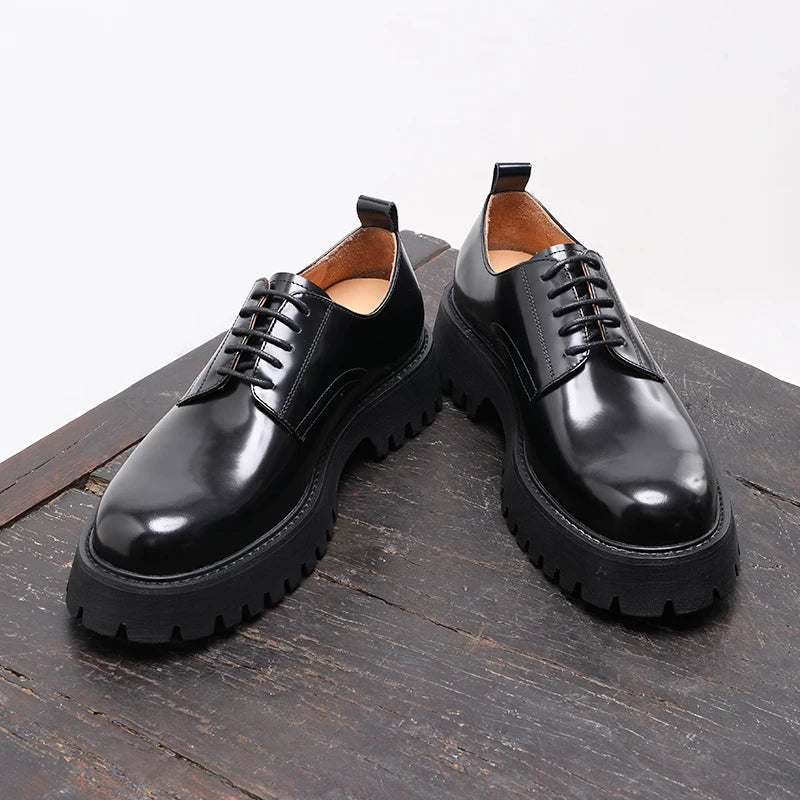 Men's Black Derby Shoes, Height Increasing, Thick Sole
