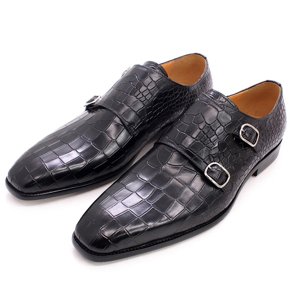 2024 Italy Handmade Genuine Leather Men's Shoes Business Double Buckle Crocodile Pattern Monk Meng Ke Shoe Cover Foot Formal Wear Leather Shoes Men