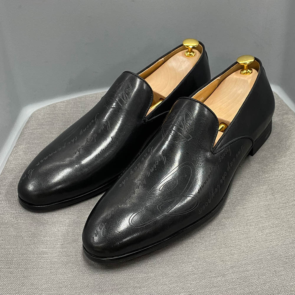 Italian Style Hand-Painted Letters Men's Shoes Genuine Leather Dress Shoes Men's Loafer Slip-on Business Casual Pumps
