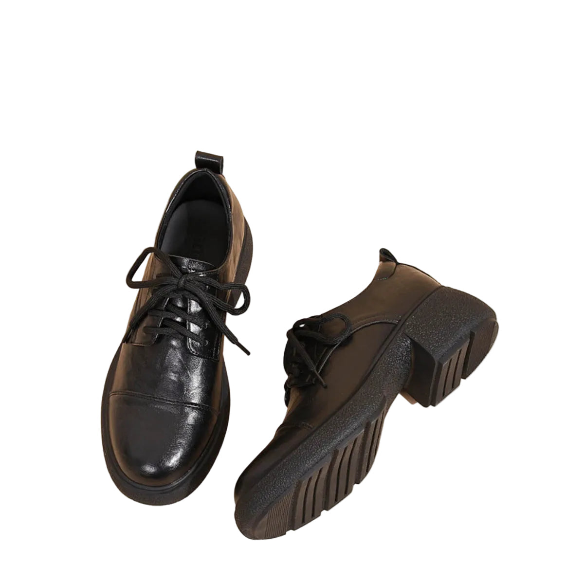 Women's Retro Lace-Up Loafers - Thick Heel, Black 1