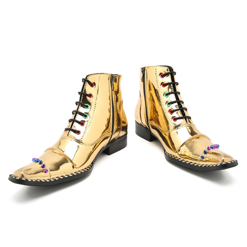 Men's Gold Leather Martin Boots – Lace-Up, Height Increasing