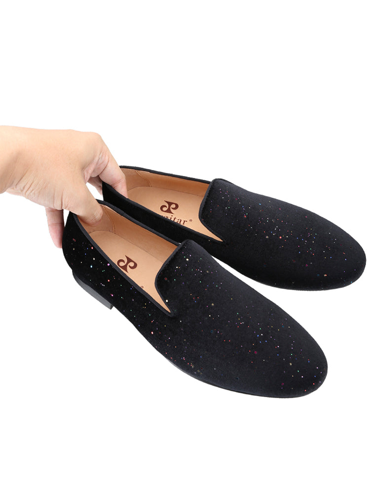 Flash diamond design black velvet men's loafers wedding party European and American style smoking shoes summer breathable leather lining