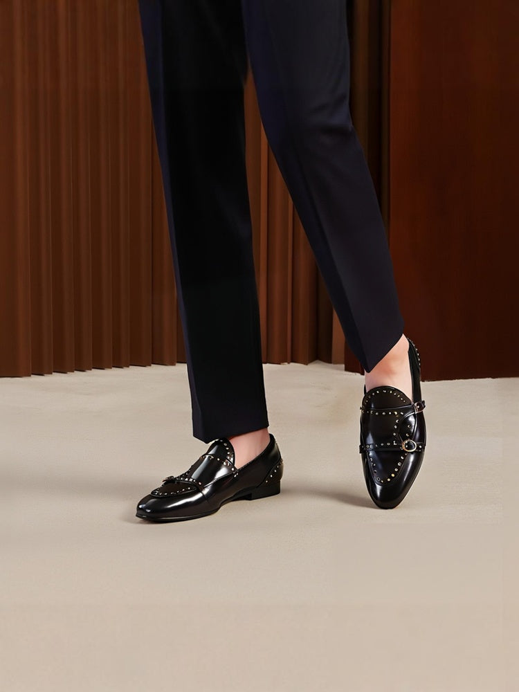 New imported cowhide men's wedding loafers with buckles, small metal rivets, European and American slip-on formal shoes