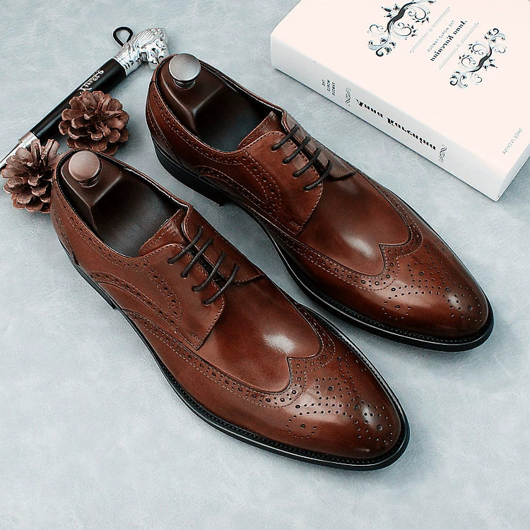 Men's Genuine Leather Wedding Shoes, Pointed Toe, Lace-Up