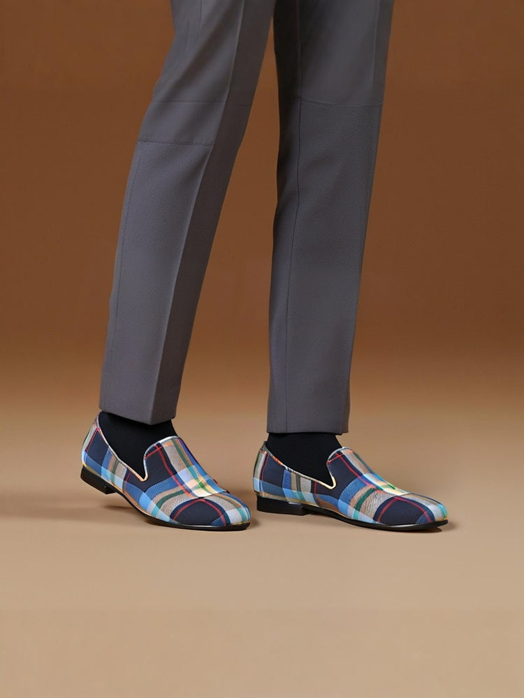 Men's leather-lined handmade loafers British small fresh plaid canvas shoes European and American smoking shoes