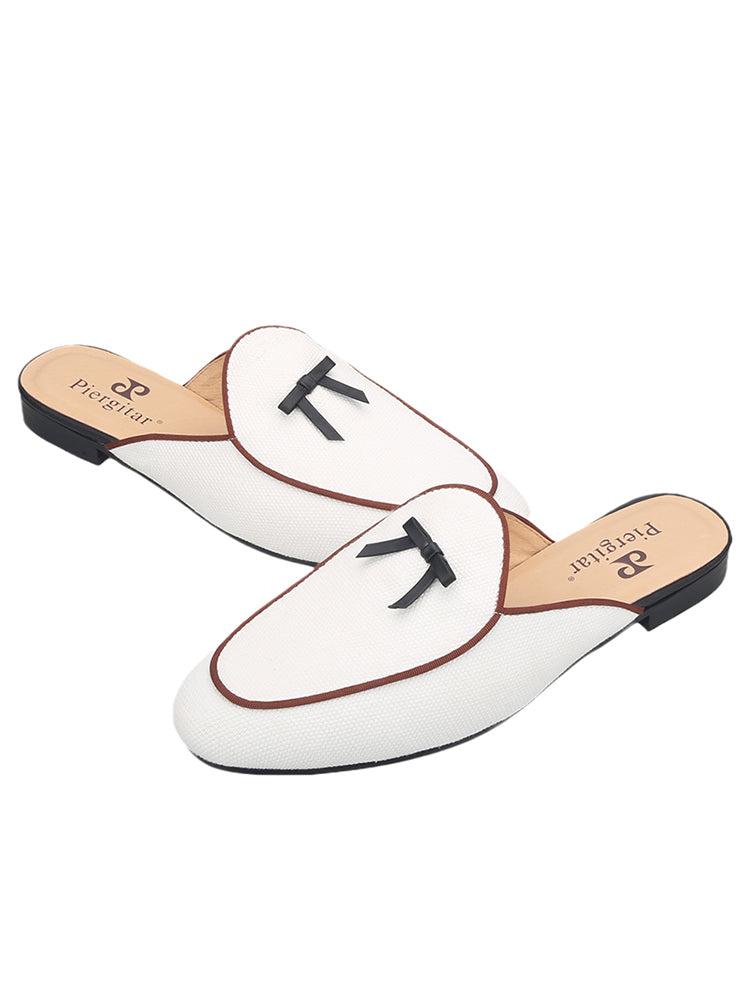 Piergitar's new white canvas small bow tie men's trendy slippers handmade European and American style slip-on loafers