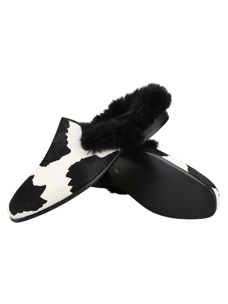 Spring and autumn new imported cow pattern horse hair men's real hair slippers European and American style fashion trend slip-on mule shoes