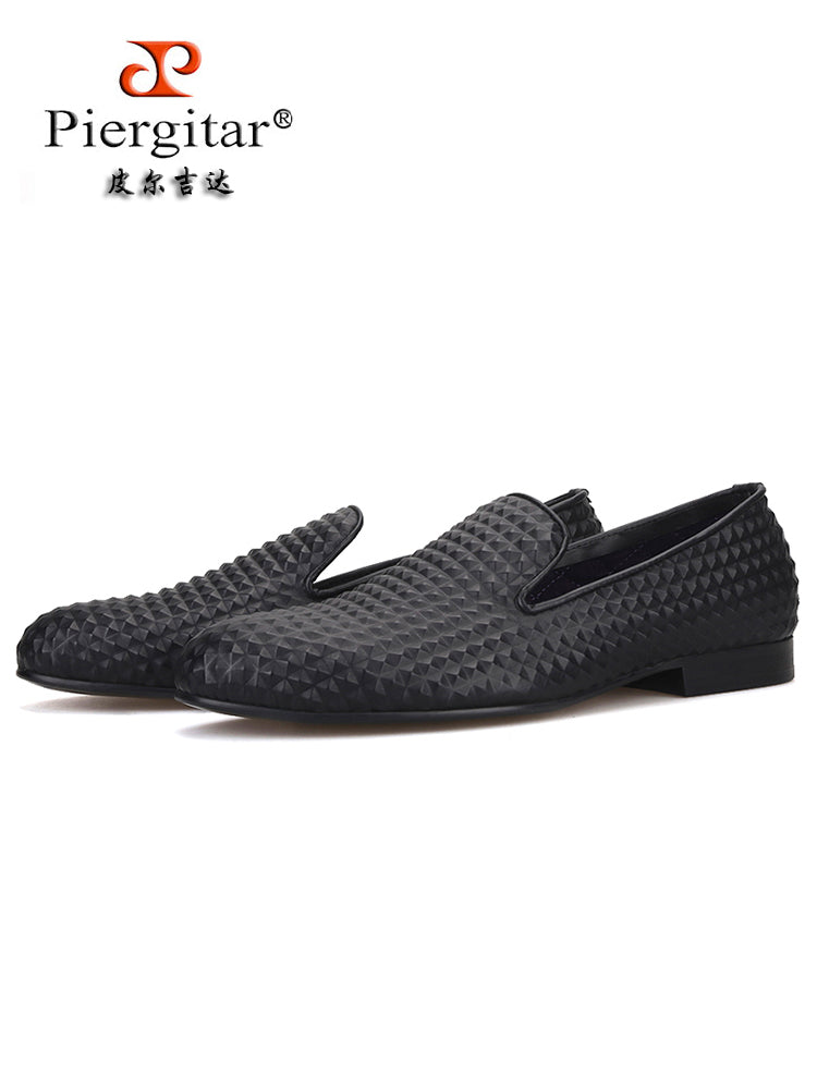 Men's handmade three-dimensional rhombus 3D embossed genuine leather shoes British style banquet slip-ons formal shoes one-leg loafers