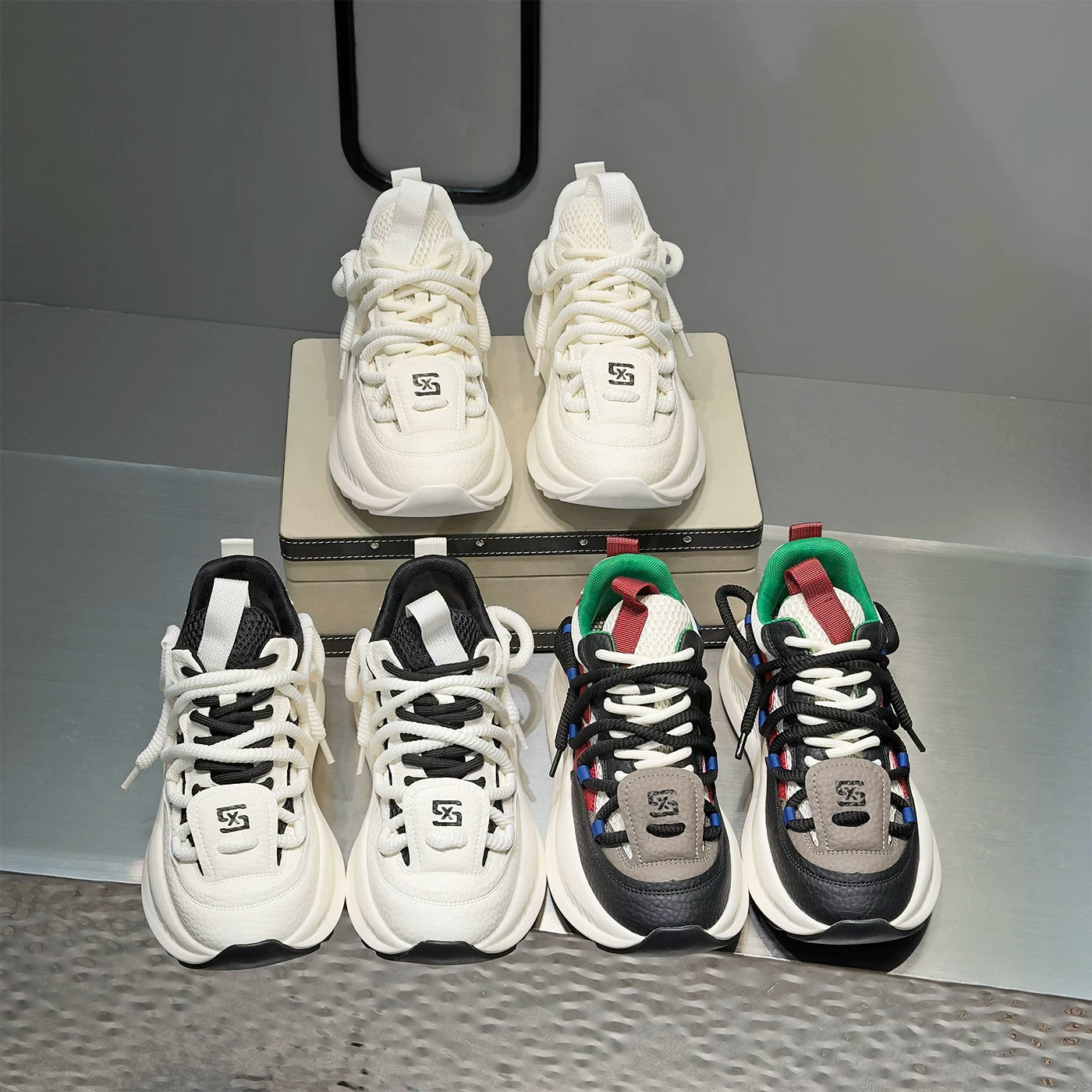 Men's Hidden-Wedge Platform Breathable Mesh Color-Block Chunky Dad Sneakers 2026