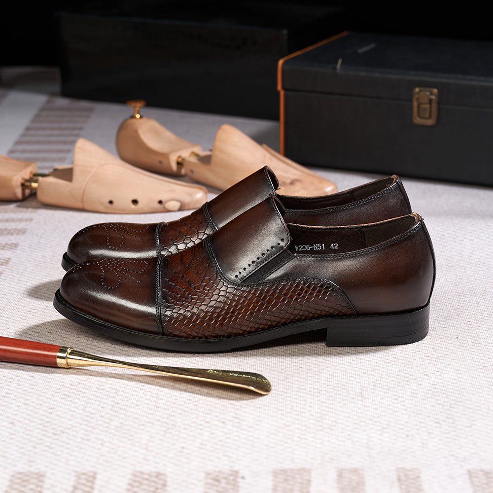 Trendy Business Formal Wear Leather Shoes Men's British Korean Snakeskin Embossed Loafers Top Layer Cowhide Slip-on Men's Shoes