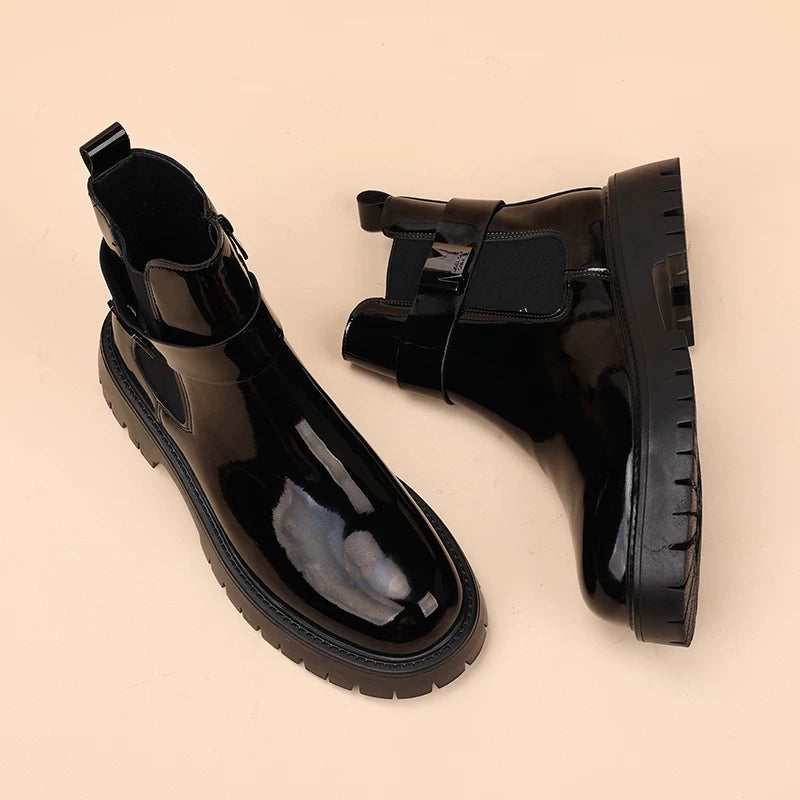 Men's Patent Leather Martin Boots, Height Increasing, Thick Sole