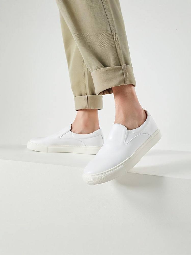 Black nubuck leather and white cowhide men's casual sneakers, genuine leather breathable lining, slip-on white platform shoes