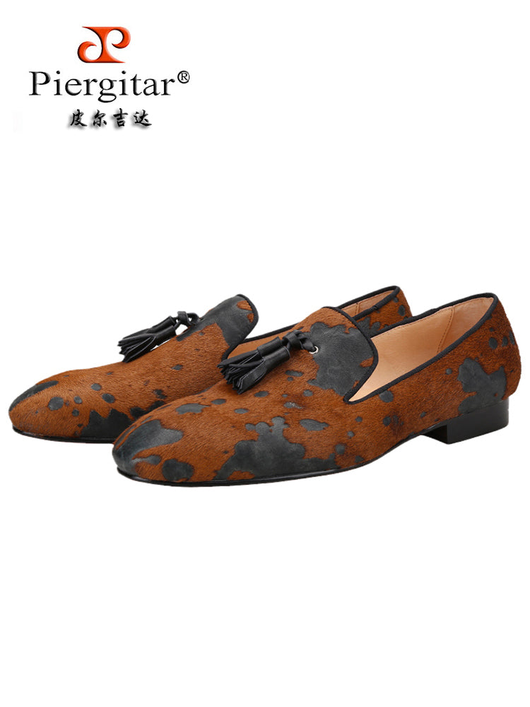 New brown and black horse-haired men's loafers exported to Europe and the United States small square toe tassel smoking shoes red sole shoes