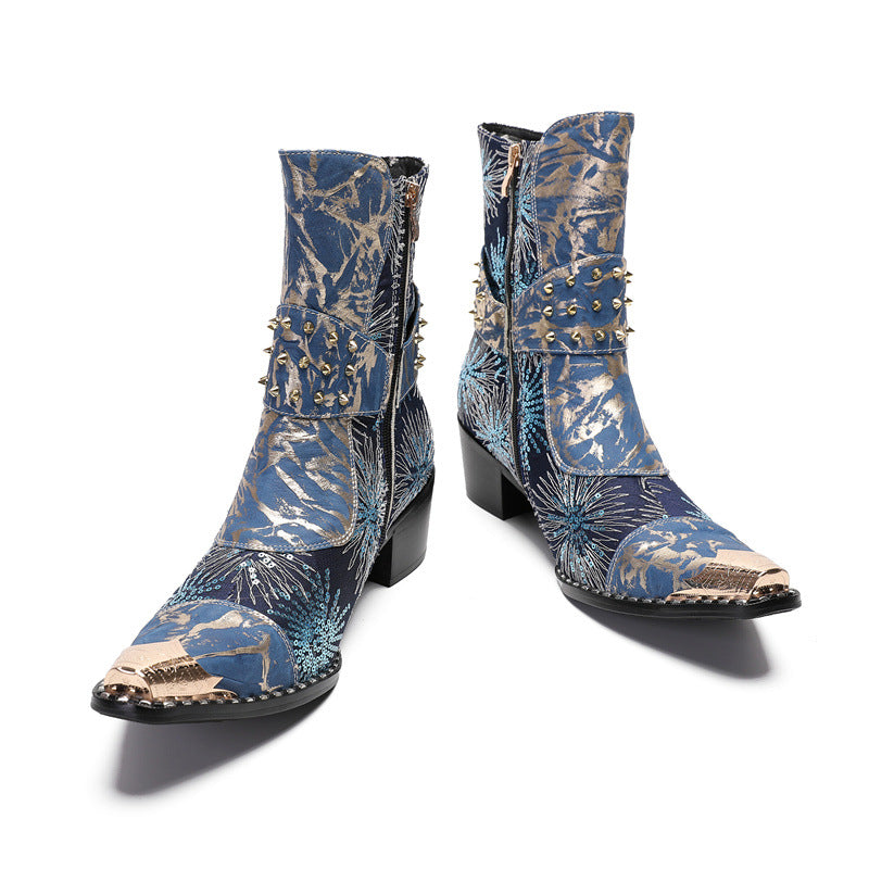 Heightening Western Cowboy Boots Pointed Embroidered Knight Boots Men 2023 New Mid-Tube Martin Boots Chelsea Boots Trend