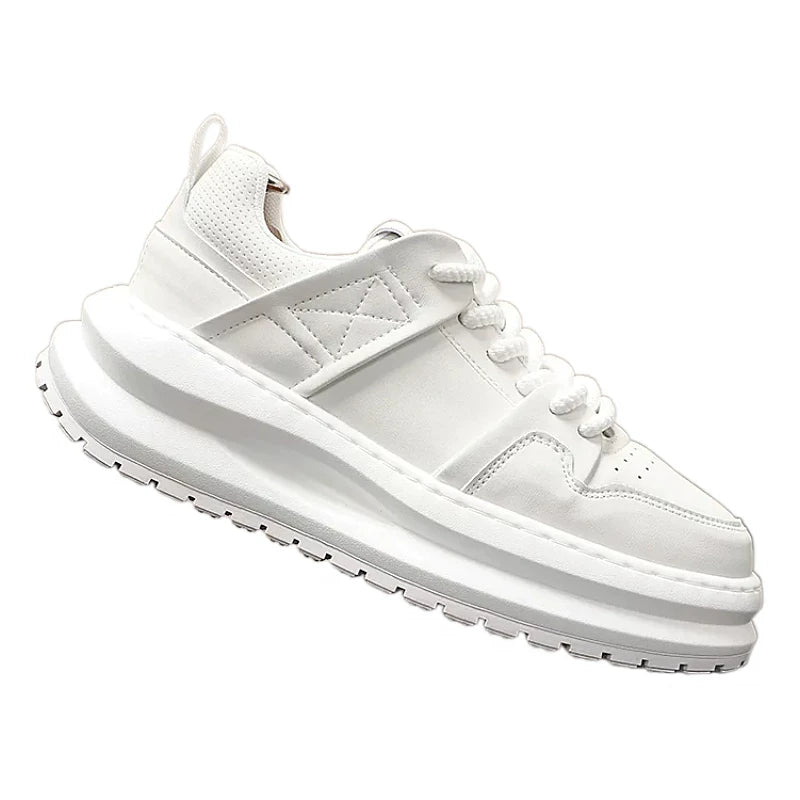 Men's Hidden-Wedge Platform Breathable Lace-Up Low-Top White Sneakers