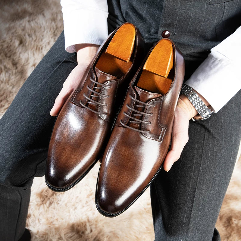 Men's Genuine Leather Derby Shoes, Handmade, Pointed Toe