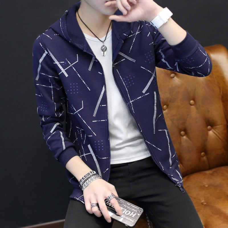 Cardigan sweater men's slim-fitting hooded zipper-packed teen casual top autumn new coat trend