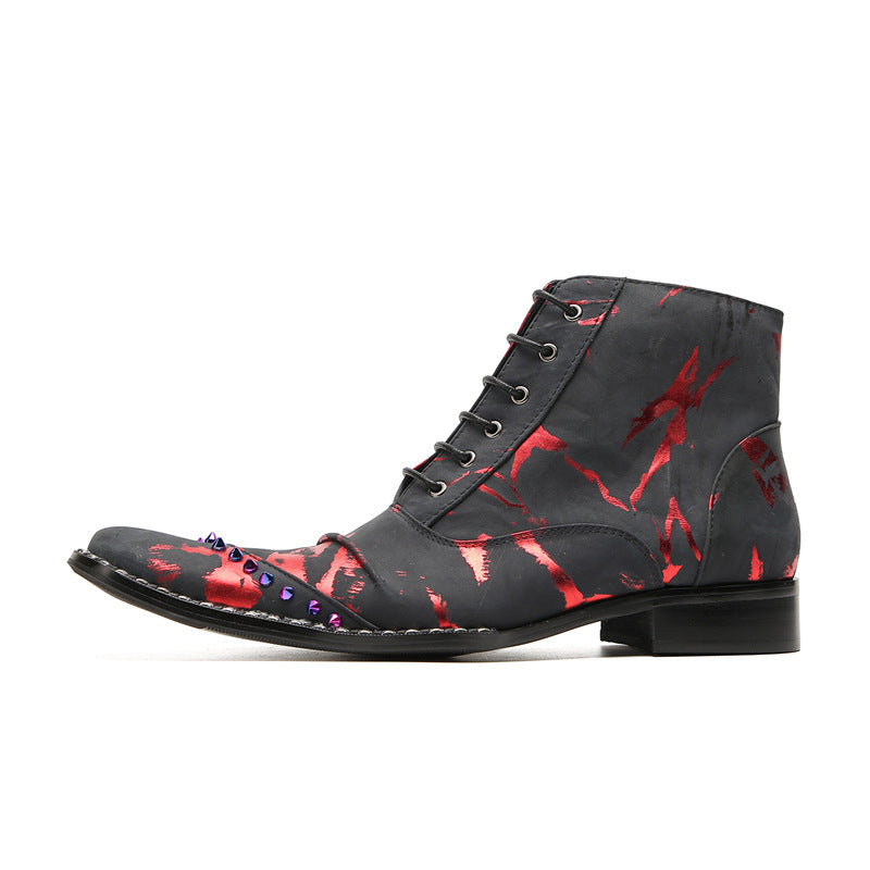 Men's leather thick-soled casual Martin boots lace-up British inner heightening business pointed-toe short boots plus velvet high-top leather shoes