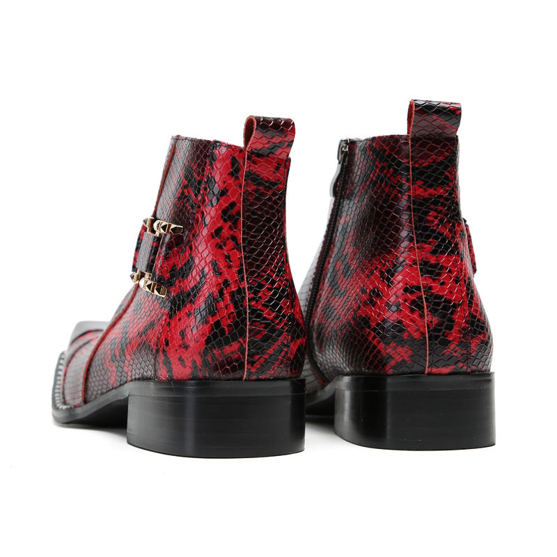 Red Business Chelsea Short Boots Men's Snakeskin Pattern Cowhide Pointed High Top Leather Shoes Fleece Warm Dress Leather Boots