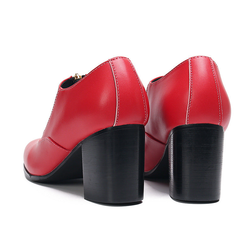 Men's heightened pointed leather shoes, foreign trade trend, Korean style red Martin boots, retro front zipper trendy shoes, personalized leather shoes