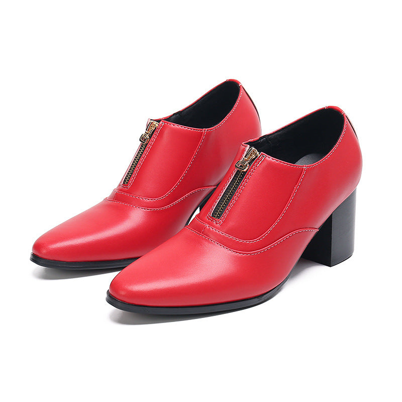 Men's heightened pointed leather shoes, foreign trade trend, Korean style red Martin boots, retro front zipper trendy shoes, personalized leather shoes