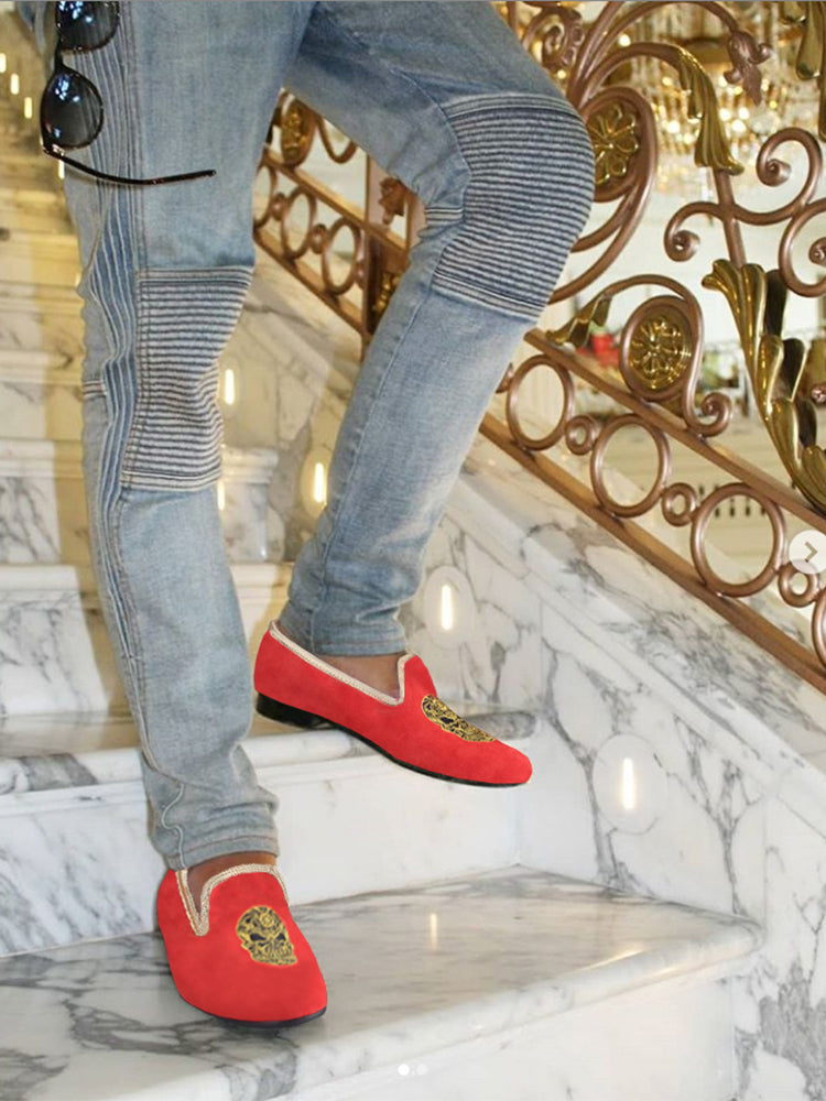 Pilgida imported red velvet men's embroidered shoes handmade slip-on loafers large size smoking shoes