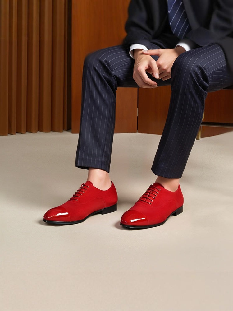 Red cow suede stitched patent leather toe men's lace-up square toe Oxford shoes European and American style fashionable wedding banquet formal shoes