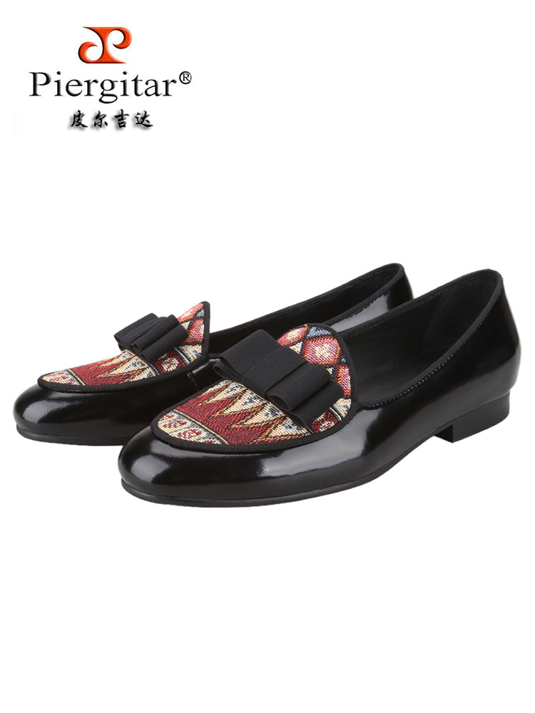 Italian design waxed leather and knitted fabric handmade bow loafers classic formal style slip-on men's shoes