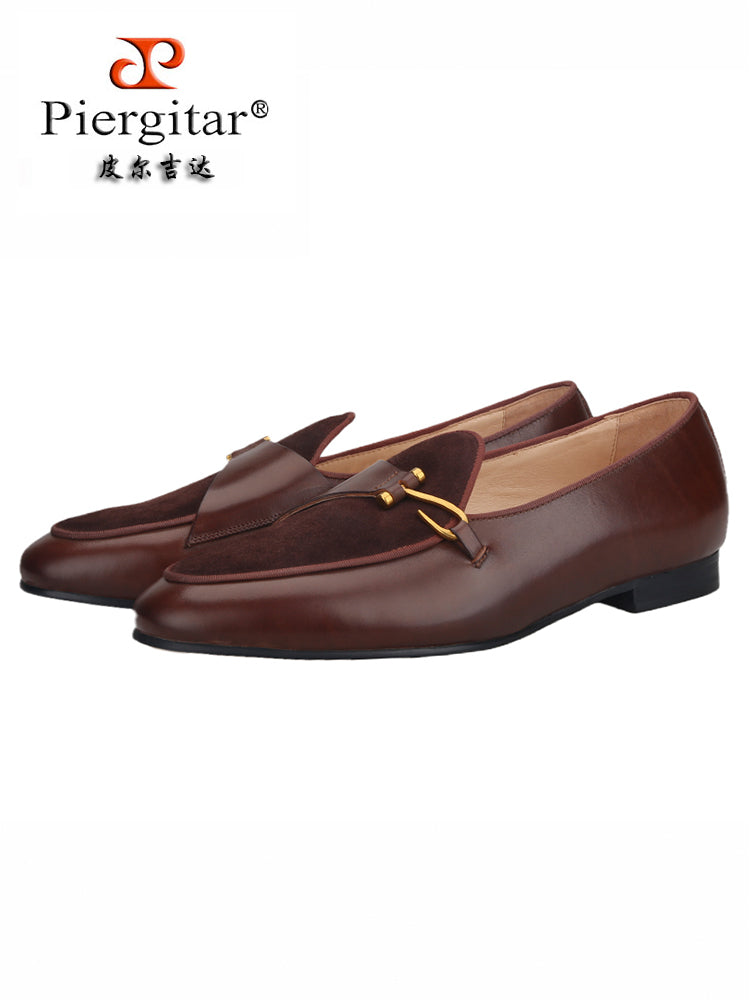 Italian design genuine leather metal buckle men's slip-on loafers British classic calfskin color-brushed smoking shoes