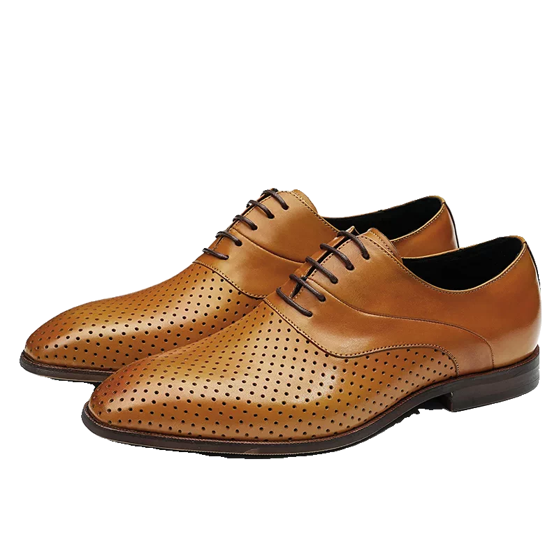 Men's Brown Genuine Leather Leather Shoes, Breathable, Cut-Out