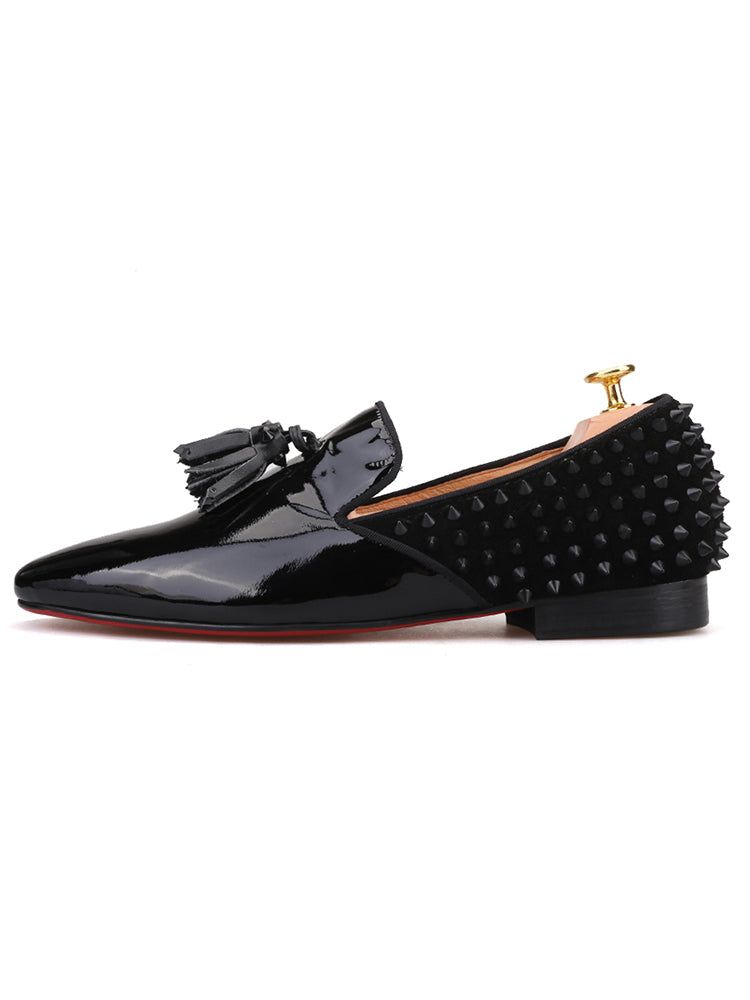 European and American style handmade patent leather yuppie shoes men's red sole shoes with tassels and rivets matching loafers