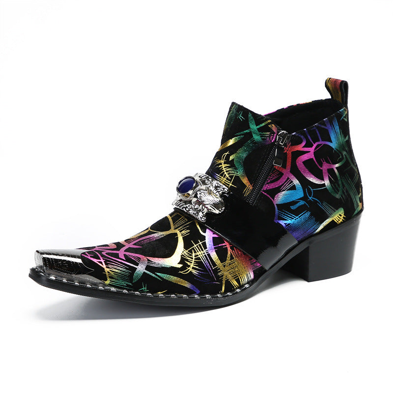 Senlu cowhide Chelsea boots British short boots brogue pointed toe handmade leather boots leather boots trendy foreign trade printing