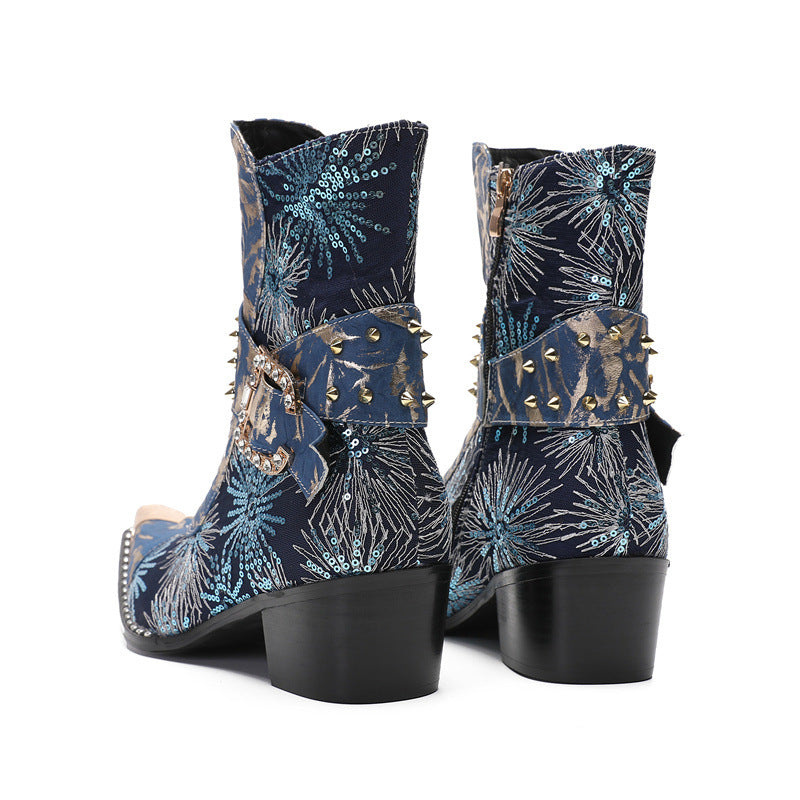 Heightening Western Cowboy Boots Pointed Embroidered Knight Boots Men 2023 New Mid-Tube Martin Boots Chelsea Boots Trend
