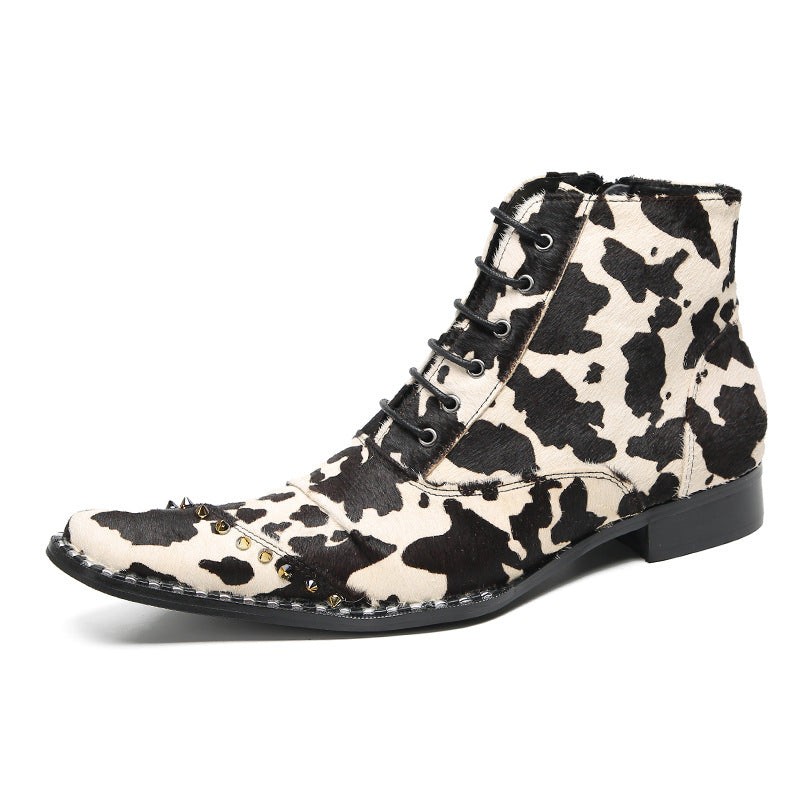 2023 European and American new style pointed toe retro mid-calf snake print boots mid-heel color-blocked western cowboy boots high-heeled embroidered boots for men