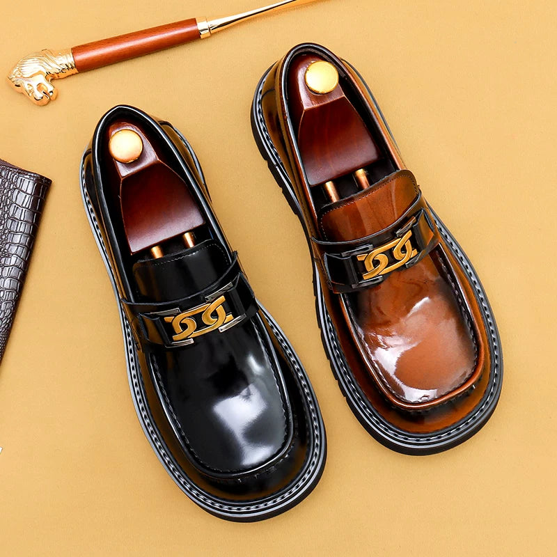 Men's Genuine Leather Loafers, Thick Sole, Patent Leather
