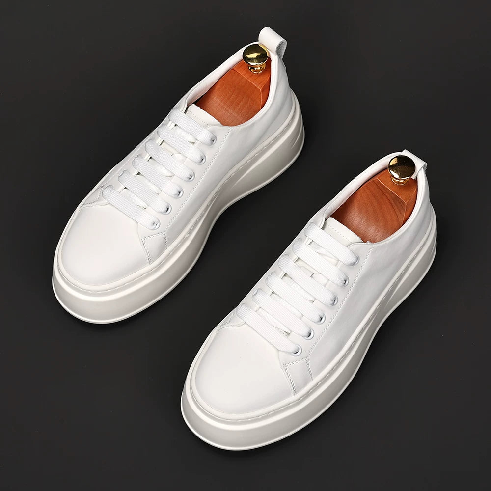 Men's White Skate Shoes, Height Increasing, Thick Sole