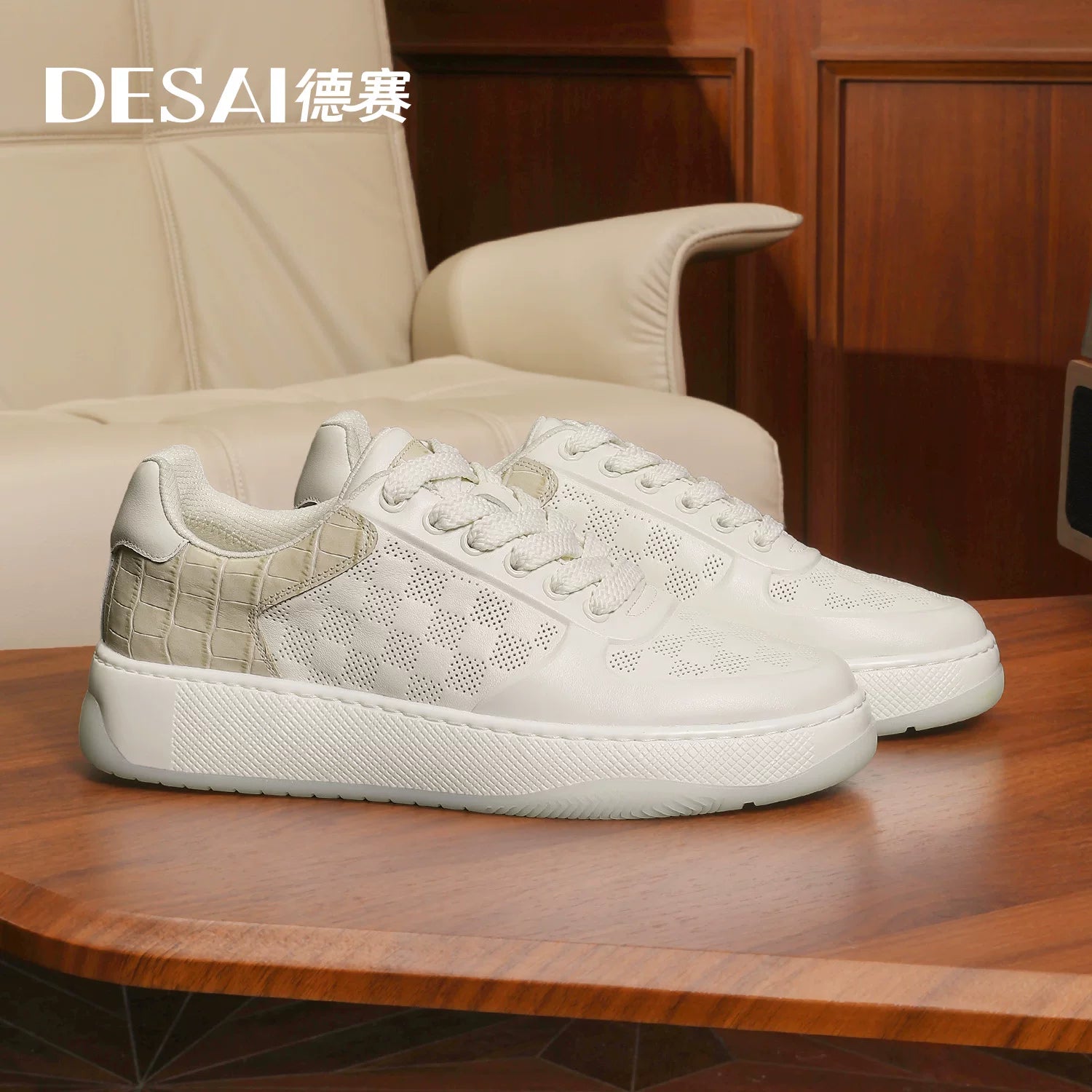Men's Genuine Leather Skate Shoes, Height Increasing, Thick Sole