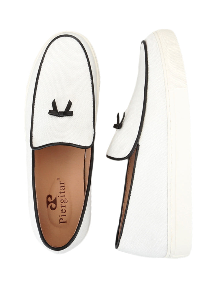 New European and American style white canvas men's casual sneakers, handmade leather bow tie, one-legged thick-soled popular low-top shoes
