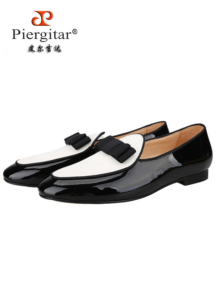 British yuppie style patent leather splicing suede handmade men's loafers wedding banquet formal bow slip-on smoking shoes