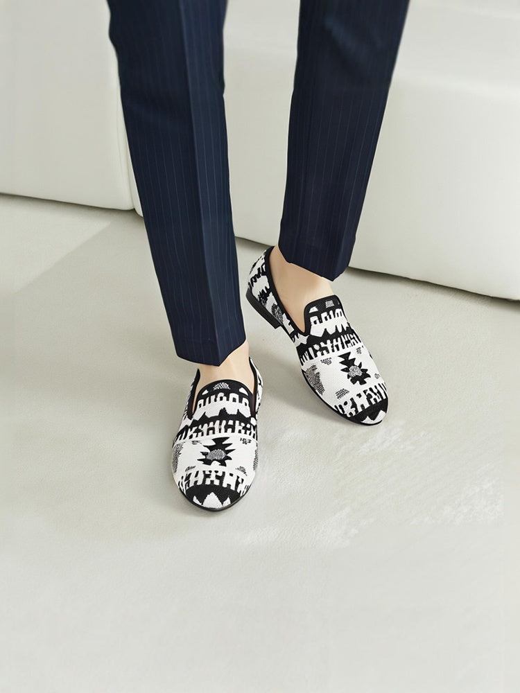 Black and white mixed knitted fabric men's shoes ethnic style retro old Beijing cloth shoes trendy handmade fashionable loafers