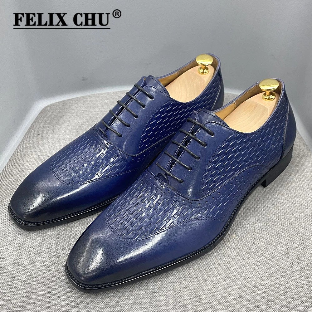 Men's Leather Shoes Leather Oxford Shoes Pointed-Toe Lace High-Grade Woven Leather Shoes Men's Black