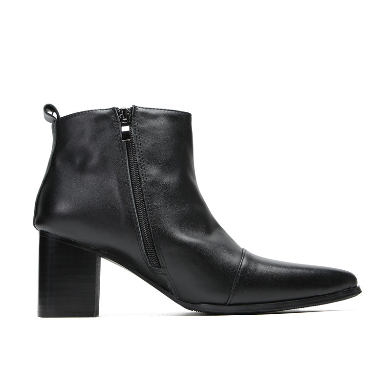 Autumn and winter black cowhide Chelsea boots British motorcycle work boots men's pointed toe mid-top zipper trendy cowhide boots for men
