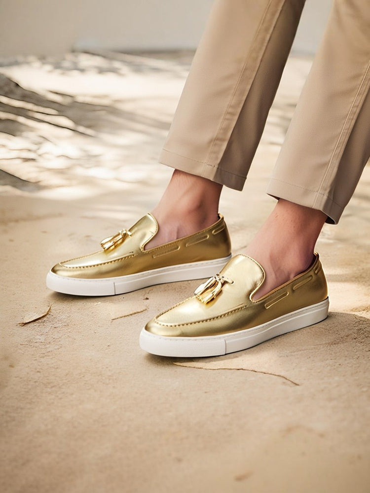 Exported to Europe and the United States, gold genuine cowhide men's sports and casual shoes, handmade tassel loafers, white thick-soled shoes