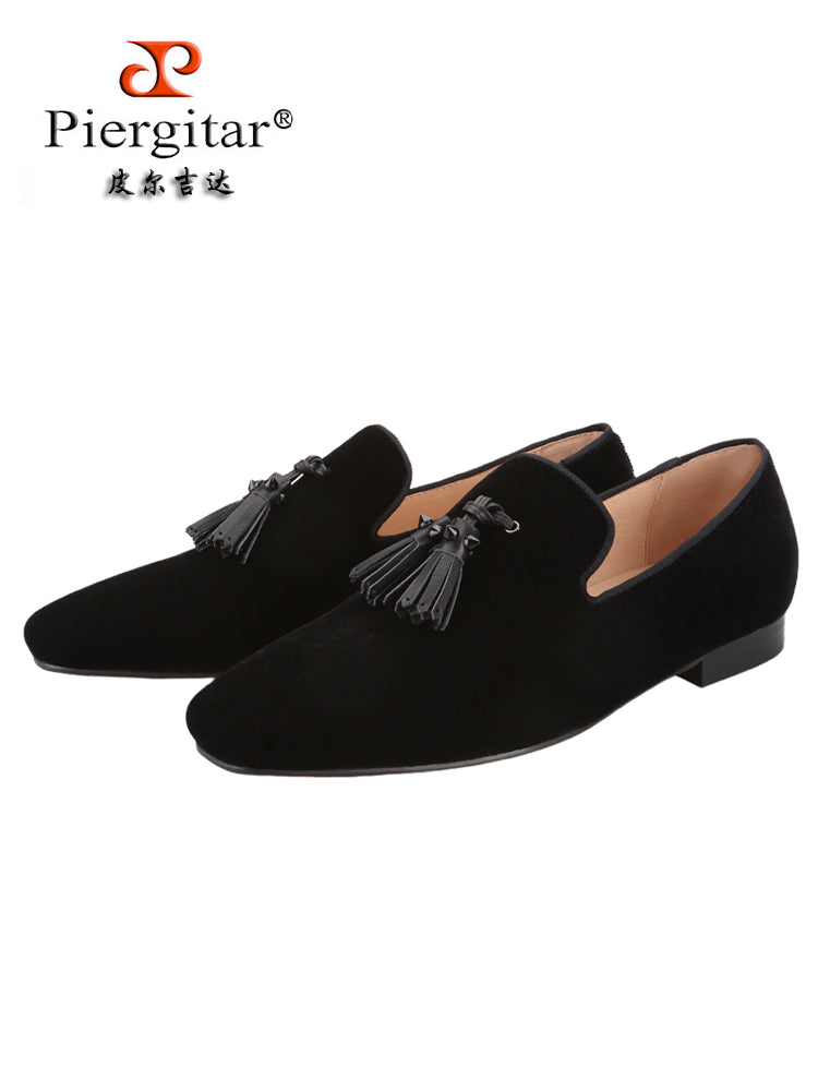 Summer men's velvet loafers, handmade cowhide rivets, tassels, European and American trendy slip-on red-soled shoes for men