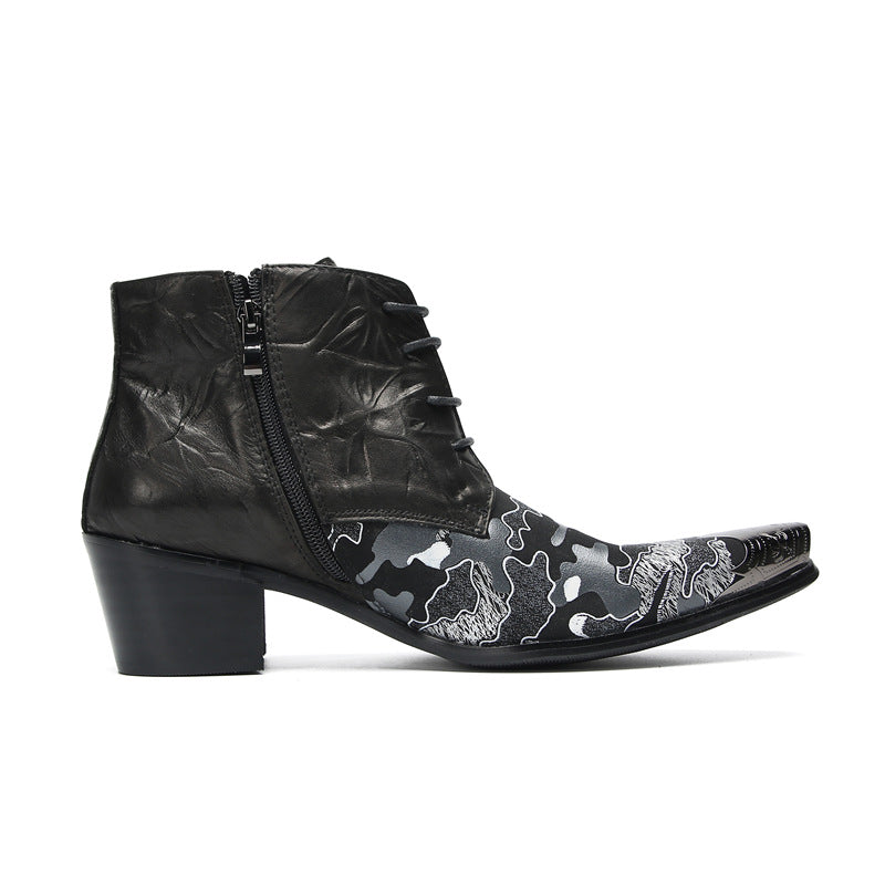 High-top shoes men's velvet autumn and winter leather printing trendy brand short boots British style Martin boots wear-resistant men's casual shoes
