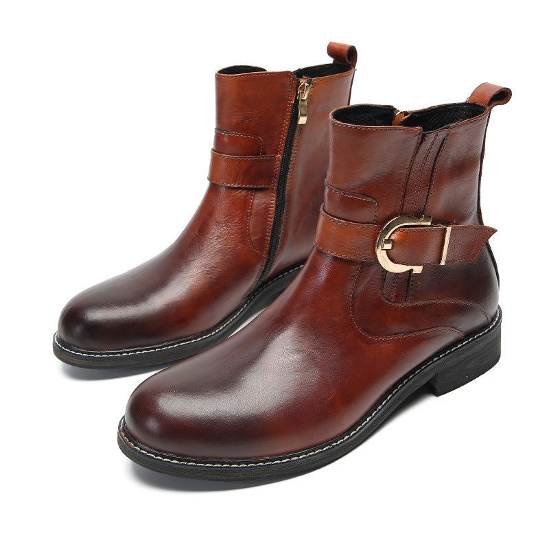 Brown Korean style British fashion men's casual high-top leather shoes business retro pointed leather boots Martin boots sleeve short boots