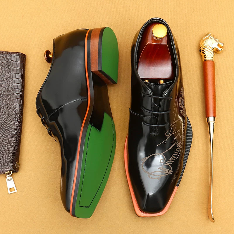 Men's Genuine Leather Leather Shoes, Square Toe, Glossy