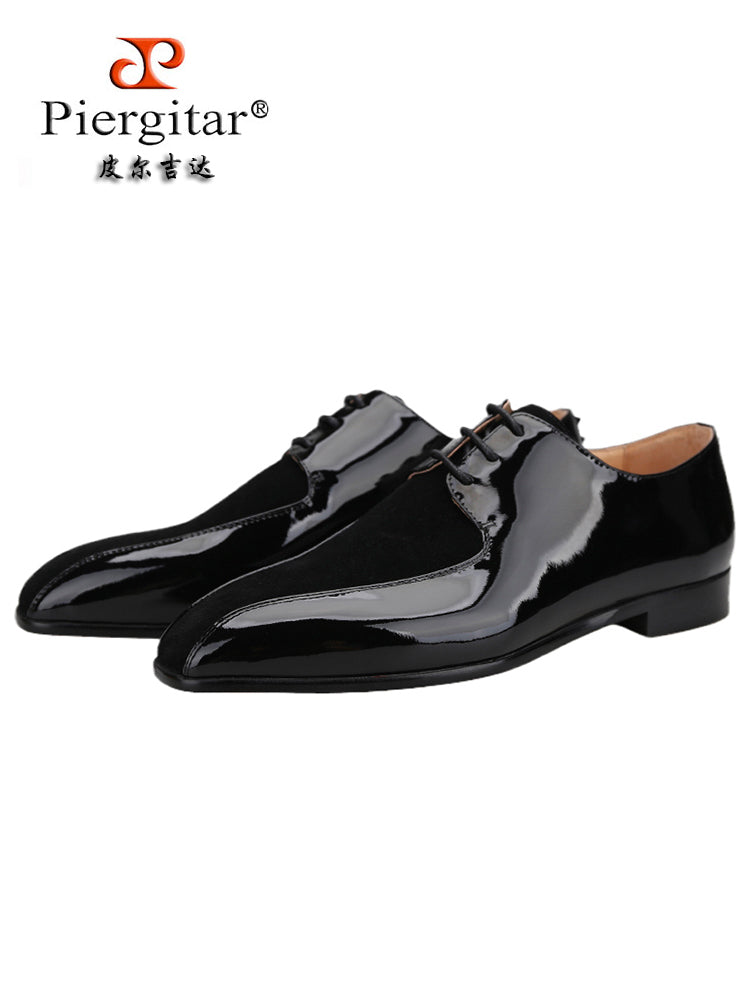 Patent leather stitching suede men's lace-up casual leather shoes European and American style rivets red bottom square toe Oxford shoes for men