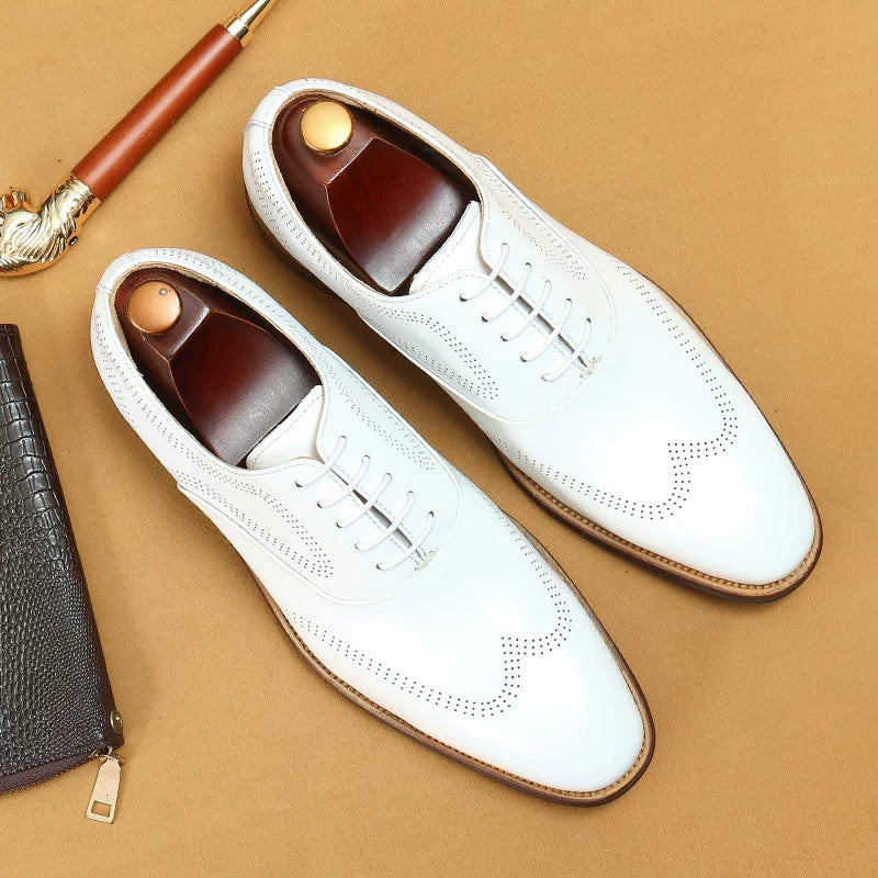 Men's White Genuine Leather Leather Shoes, British Style, Business